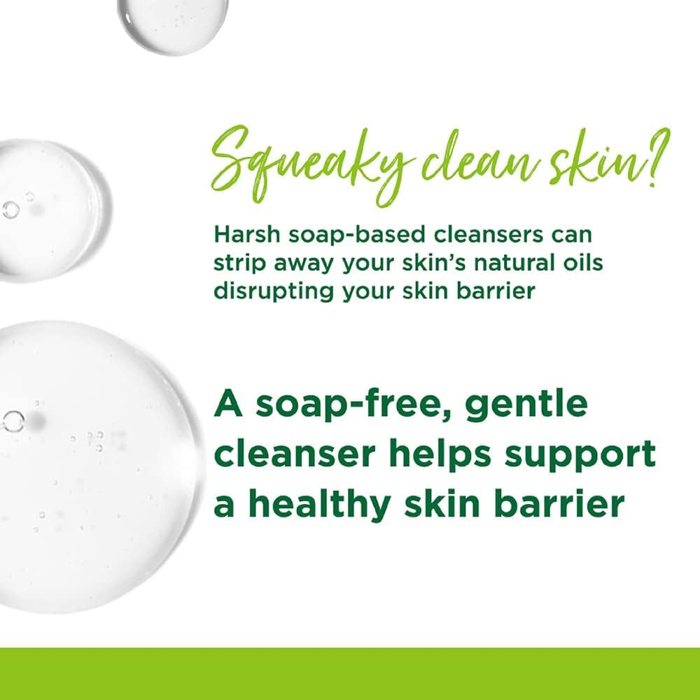 Soap-free cleanser with text about skin care benefits on a white background
