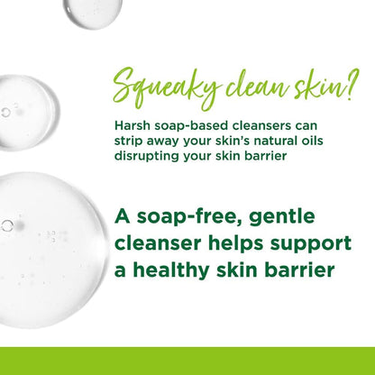 Soap-free cleanser with text about skin care benefits on a white background