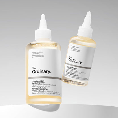 Two bottles of 'The Ordinary' toner on a gray background