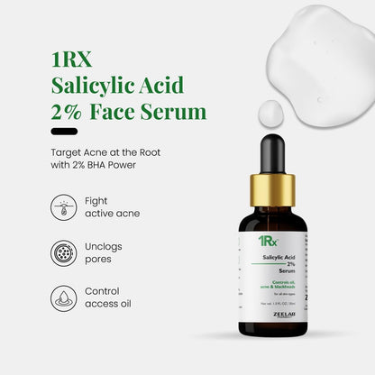 Zeelab 1RX Salicylic Acid 2% Face Serum 30ml | Acne & Pimple Control Serum | Unclogs Pores, Removes Blackheads & Whiteheads | Oil Control & Gentle Exfoliation for Oily & Acne-Prone Skin
