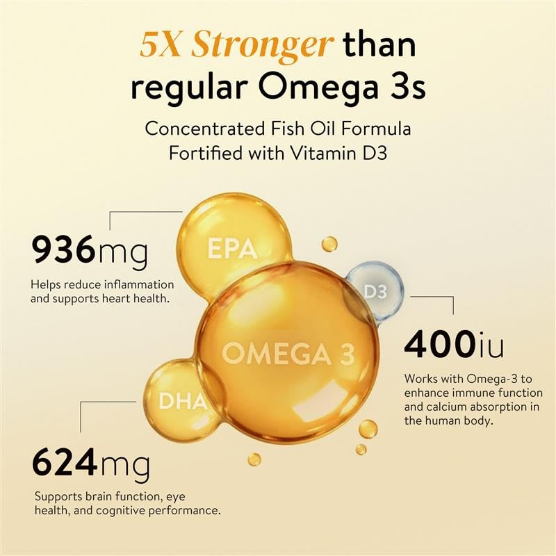 Happy Cultures 5X Omega 3 Fish Oil Capsules | 5X Strength 2600 Mg | 936 mg EPA & 624 mg DHA | No Fishy Burp | For Brain, Heart, & Joint Health | Lab Tested | Lemon Flavour- 60 Softgel for Men & women