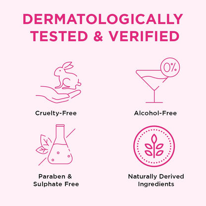 Icons and text indicating dermatological testing, cruelty-free, alcohol-free, paraben & sulfate-free, and naturally derived ingredients on a white background.