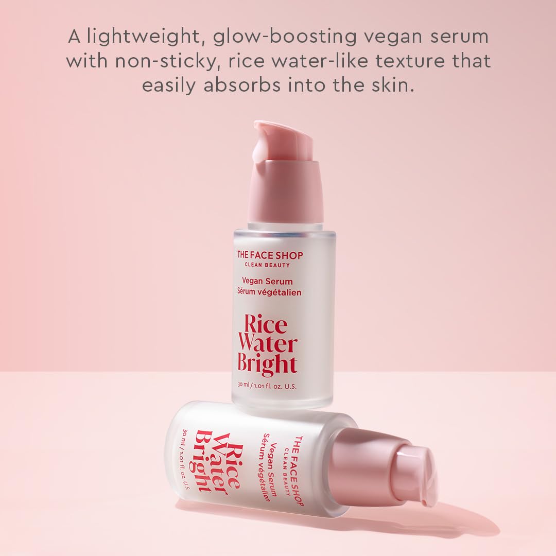 The Face Shop Rice Water Bright serum bottle on a pink background
