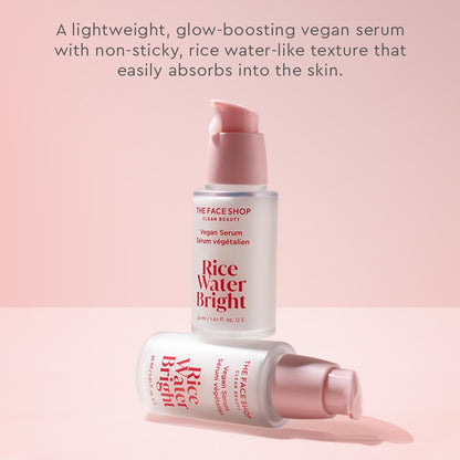 The Face Shop Rice Water Bright serum bottle on a pink background