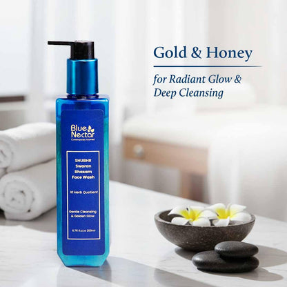 Blue Nectar Gold Swaran Bhasam Face Wash for Glowing Skin | Ayurvedic Gentle Cleanser for Oily & Dry Skin | Daily Face Wash for Women & Men (10 Herbs, 100 ml)
