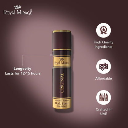 Royal Mirage body spray bottle with product features on a dark background