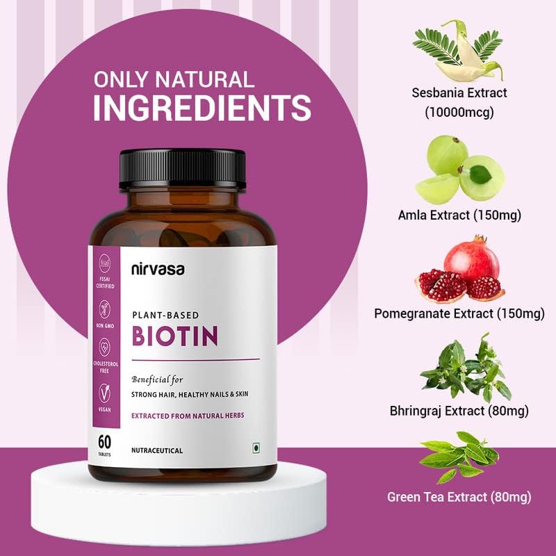 Nirvasa Plant-Based Biotin Tablets (60 Tabs) | Hair, Skin & Nail Support | Hair Fall Control, Glowing Skin, Stronger Nails | Improve Energy, Strength & Overall Health | For Men & Women