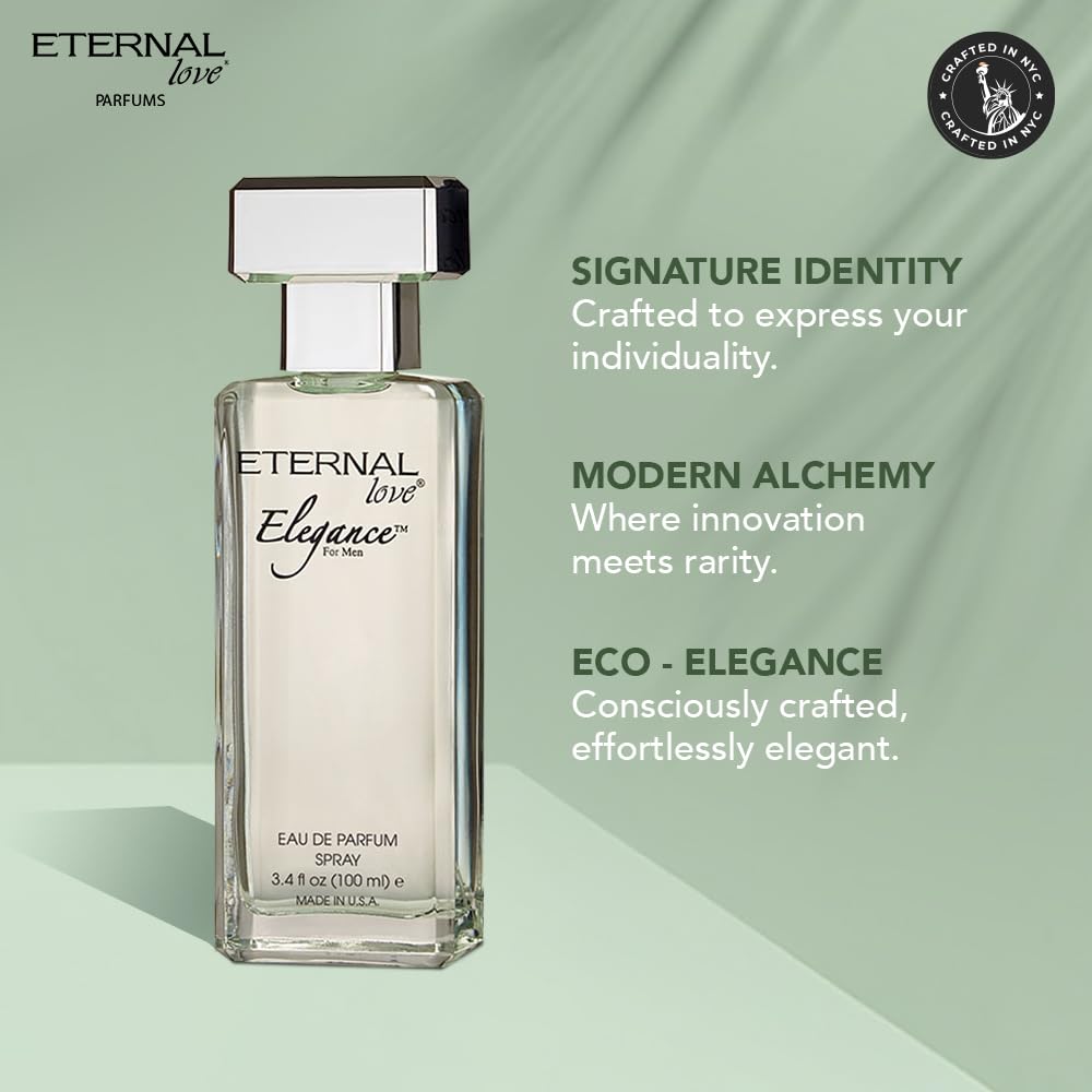 Perfume bottle labeled 'Eternal Love' on a light green background with brand description text.