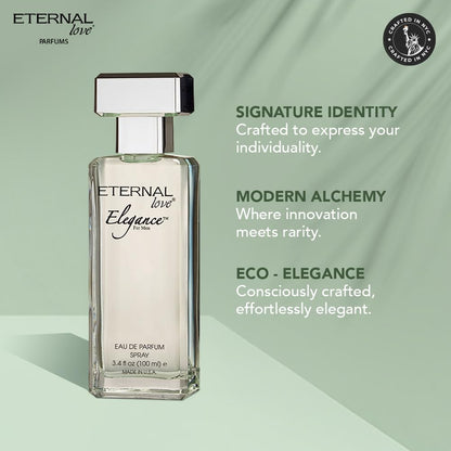Perfume bottle labeled 'Eternal Love' on a light green background with brand description text.