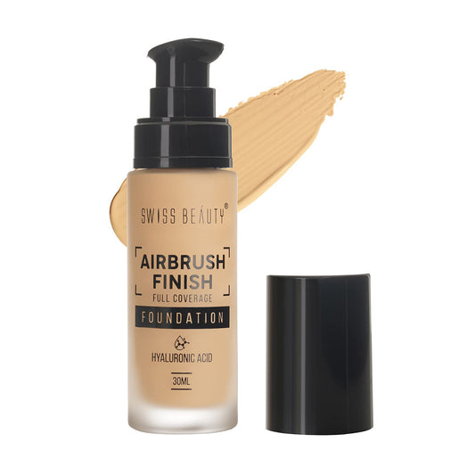 Swiss Beauty Airbrush Finish Foundation 30ml | Full Coverage Up to 8H | Waterproof & Lightweight | Natural Matte Finish | Long-Lasting Wear | Hyaluronic Acid | All Skin Types | Dermatologically Tested | Shade 02 Fair Ivory