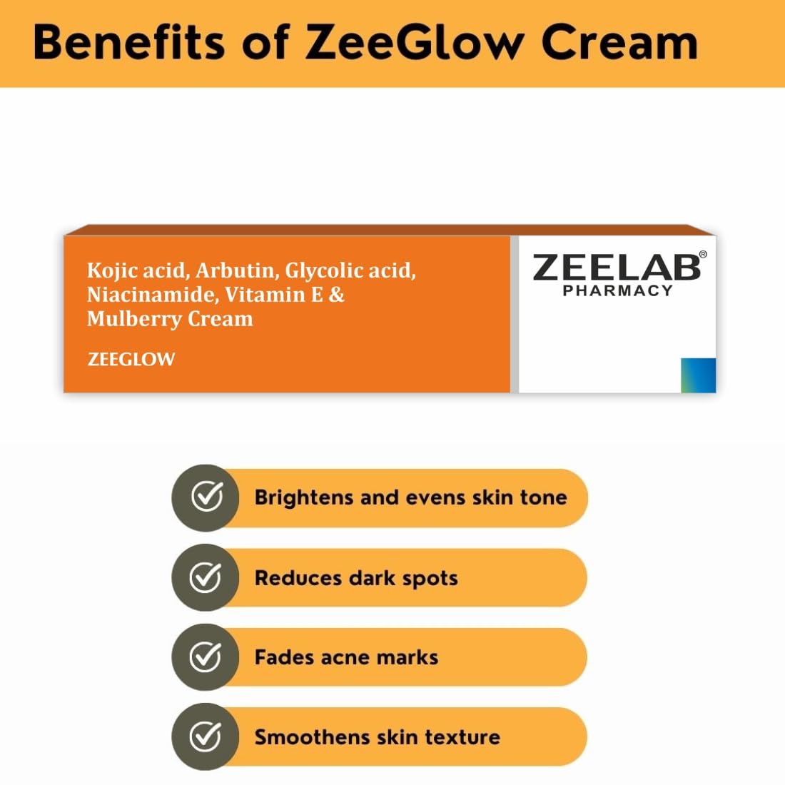 ZeeGlow Cream packaging with benefits listed on a white background