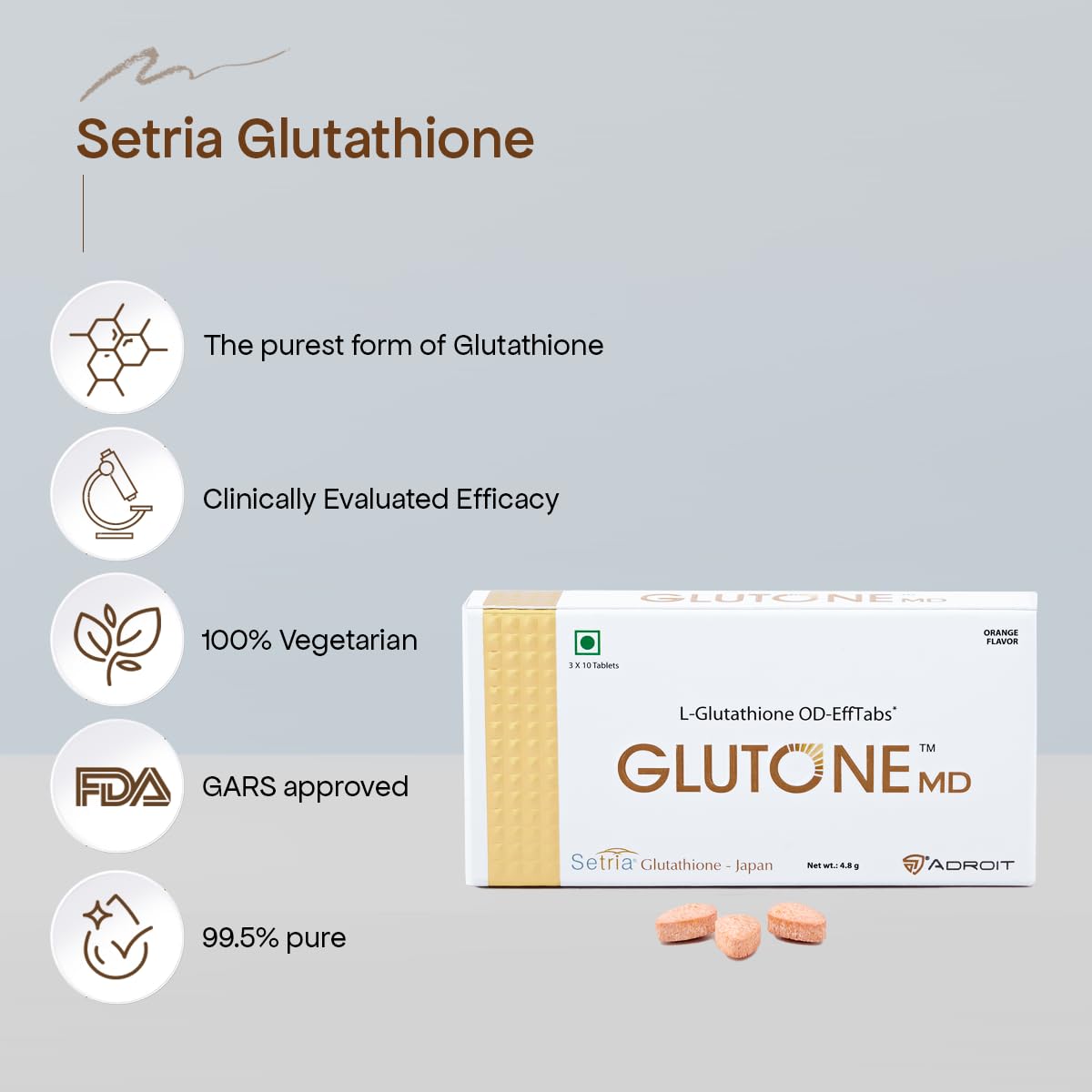 Setria Glutathione supplement packaging with features on a gray background