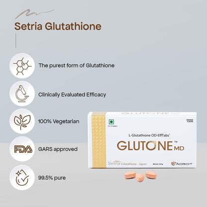 Setria Glutathione supplement packaging with features on a gray background