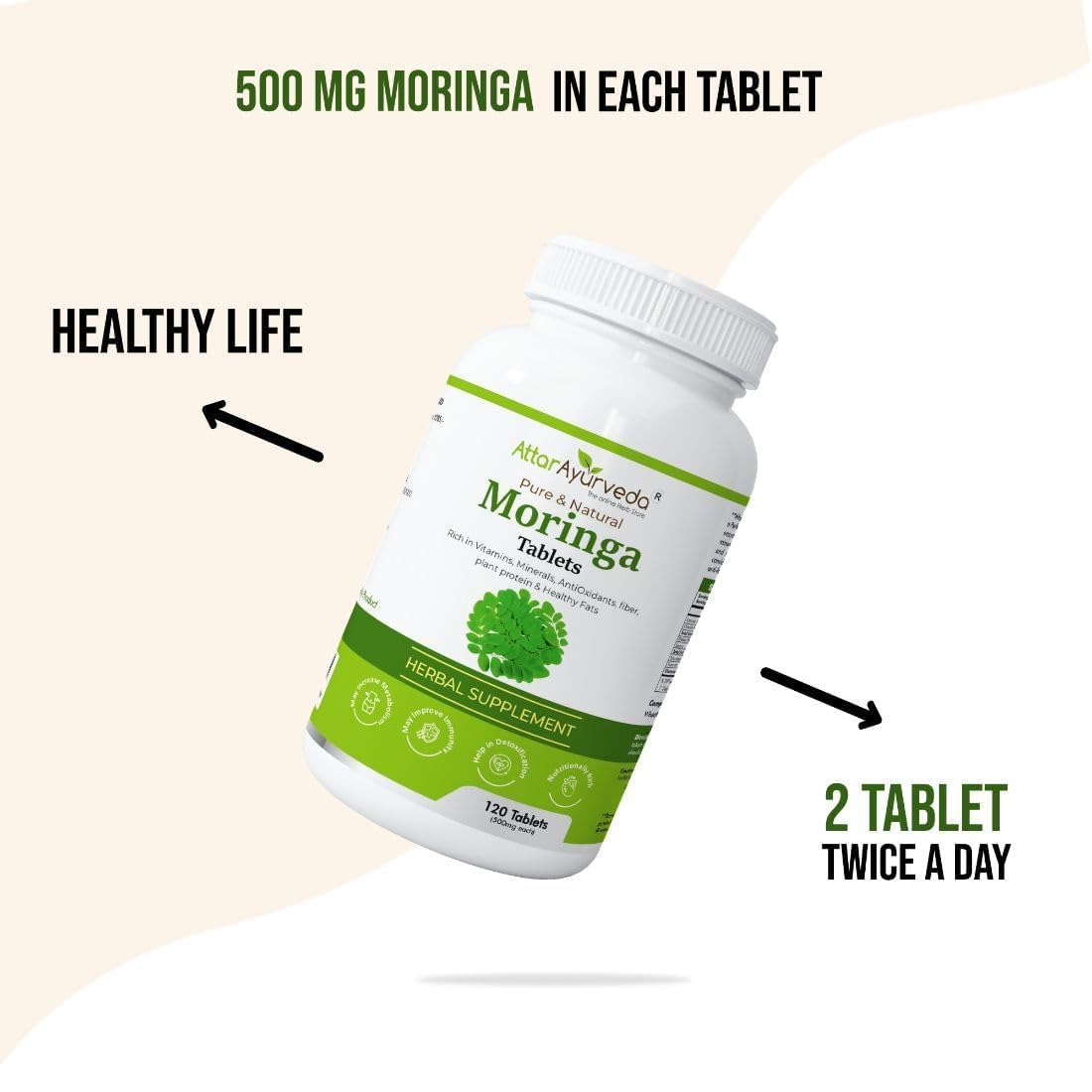 Bottle of Moringa tablets with text about dosage and health benefits on a beige background