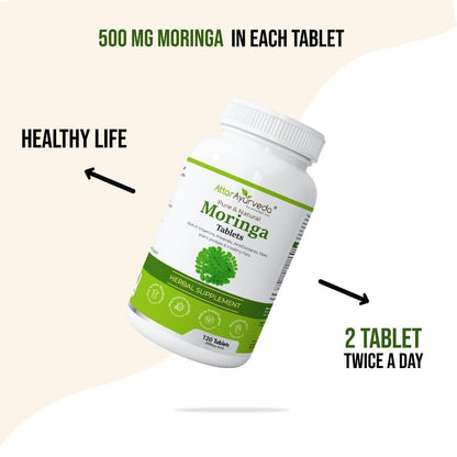 Bottle of Moringa tablets with text about dosage and health benefits on a beige background