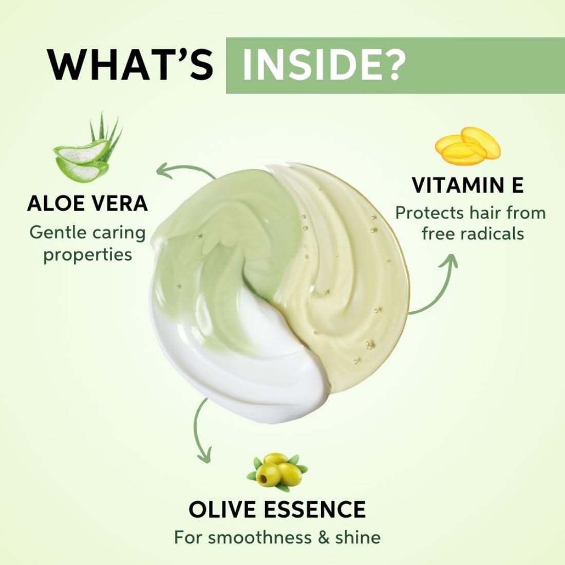 Product packaging with aloe vera, vitamin E, and olive essence labeled on a green background