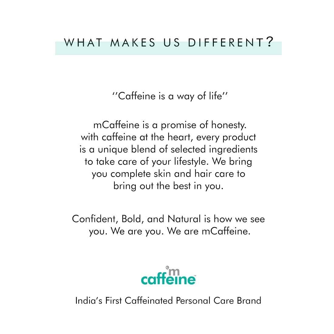 Promotional text for mCaffeine, a personal care brand with a focus on caffeine.
