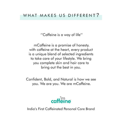 Promotional text for mCaffeine, a personal care brand with a focus on caffeine.