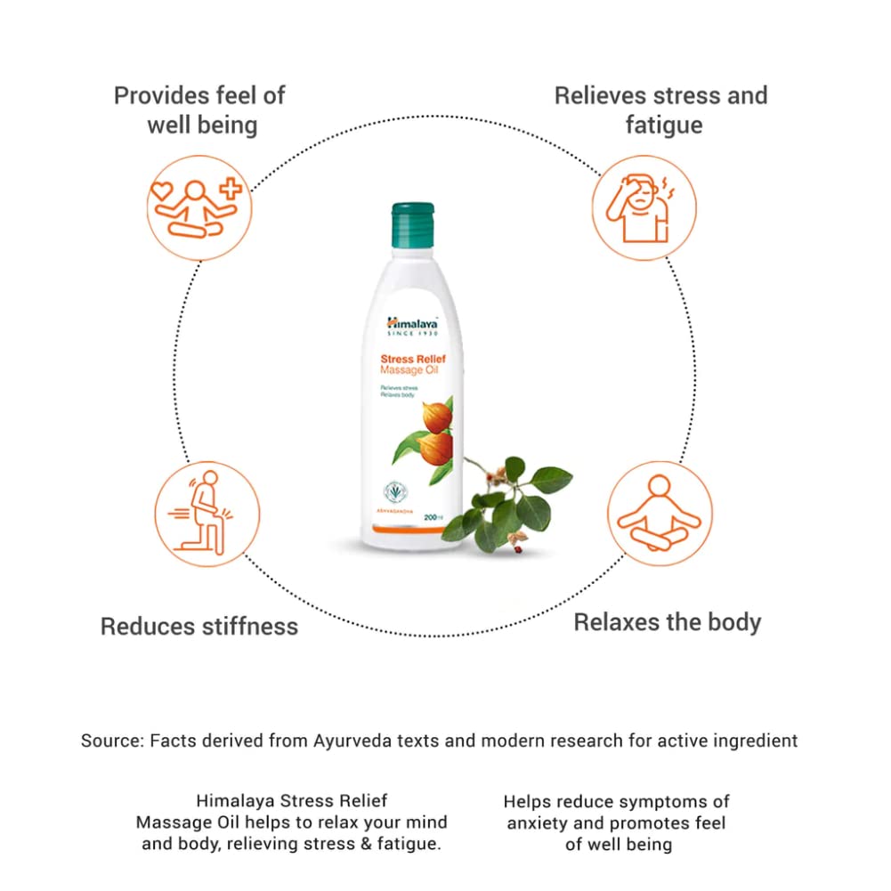 Himalaya Stress Relief Massage Oil bottle with benefits on a white background