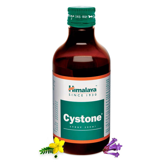 Himalaya Cystone syrup bottle with a white background