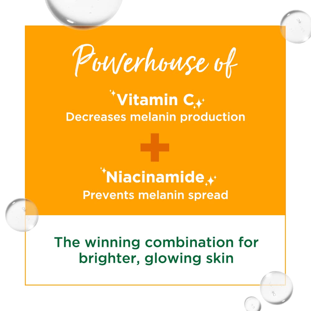Orange square with text about vitamin C and niacinamide for skin benefits, surrounded by bubbles.