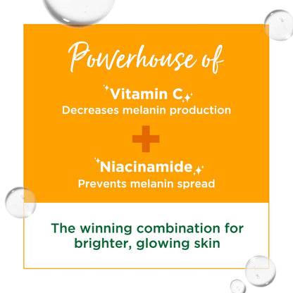 Orange square with text about vitamin C and niacinamide for skin benefits, surrounded by bubbles.