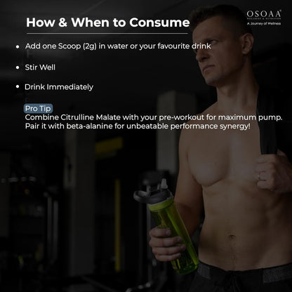 Man holding a supplement bottle with text on how to consume it, featuring the Osoaa brand.