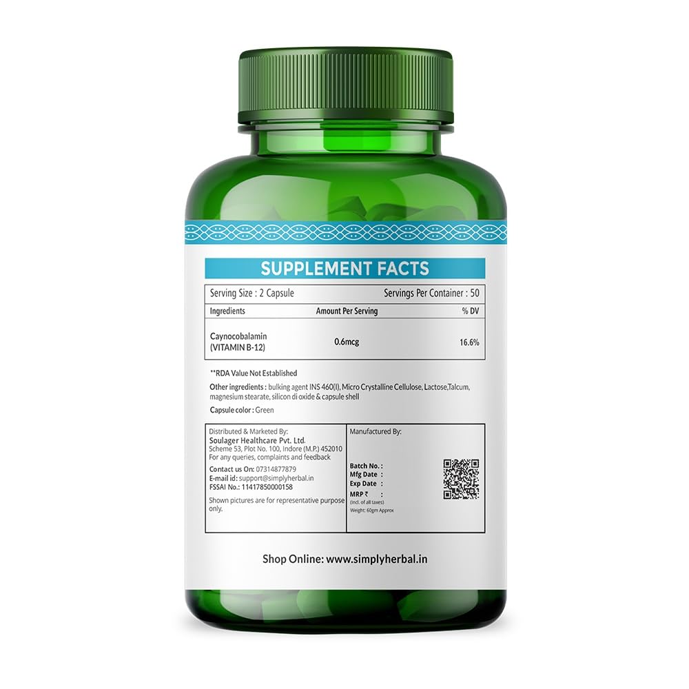 Simply Herbal Vitamin B12 Cyanocobalamin, Produce Red Blood Cells, Maintain Good Health, Boost Energy, Heart Health, Plant Based Supplements - 100 Capsules