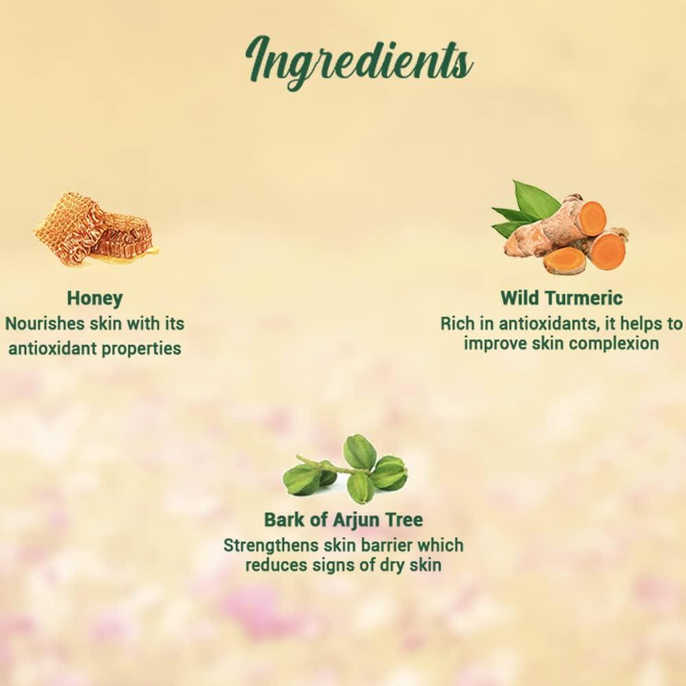 Ingredients list with honey, wild turmeric, and arjun tree bark on a beige background.