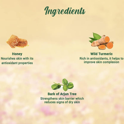 Ingredients list with honey, wild turmeric, and arjun tree bark on a beige background.