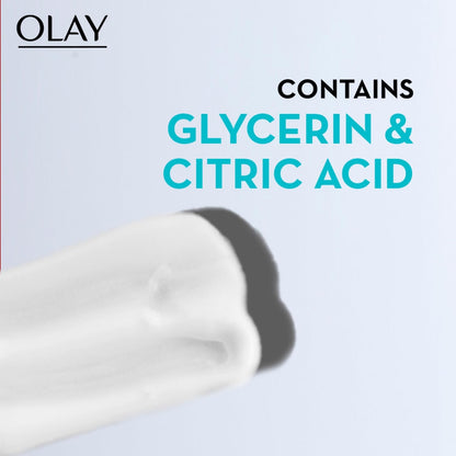 Olay product with text 'Contains Glycerin & Citric Acid' on a light blue background