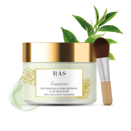 RAS Luxury Oils Luminous Detoxifying & Pore Refining Clay Face Mask For Glowing Skin, Tan Removal, Oil & Acne Control, Kaolin Clay, Green Tea, Neem & Amla Extract 50g