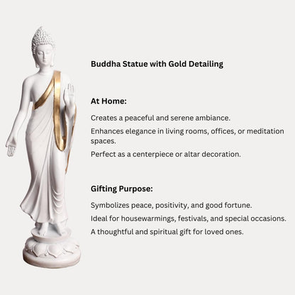 White & Gold Plated Blessing Standing Gautam Buddha Idol Statue | Polyresin Showpiece for Table, Office, Home Decoration Item