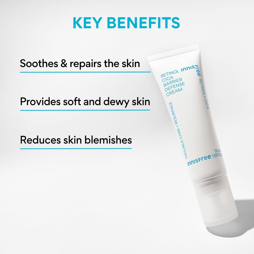 Innisfree Retinol Cica Barrier Defense Cream, 1.7 fl oz (50 ml), Retinol, Trouble Care, Moisturizing, Hypoallergenic, Sensitive Skin, Koream Skincare Cream
