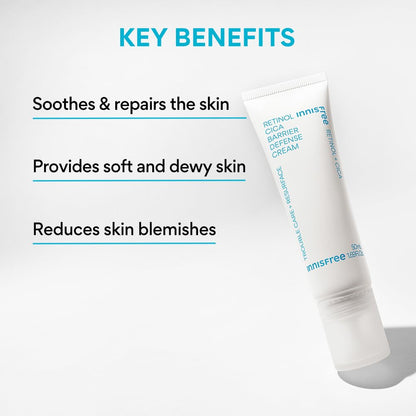Innisfree Retinol Cica Barrier Defense Cream, 1.7 fl oz (50 ml), Retinol, Trouble Care, Moisturizing, Hypoallergenic, Sensitive Skin, Koream Skincare Cream