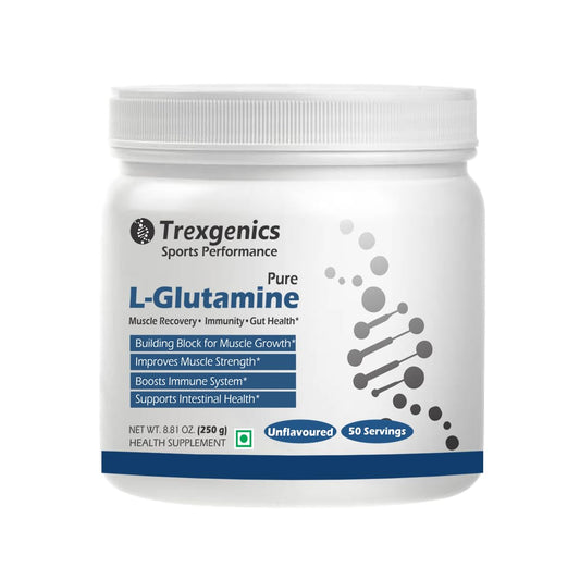 Trexgenics Pure L-Glutamine supplement container on a white background