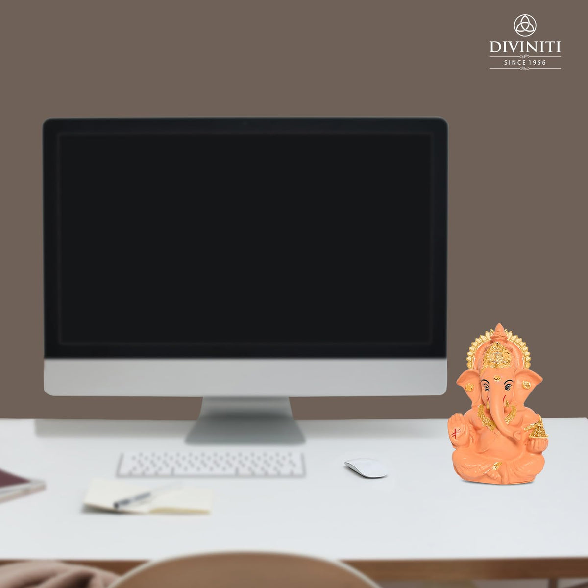 24K Gold Plated Resin Lord Ganesha Idol for Car Dashboard, Tabletop|Ganesh Statue for Good Luck and Success|Ganpati Murti for Home Decor Mandir, Office Desk Puja Gift Light Orange (8.4x4.2cm)