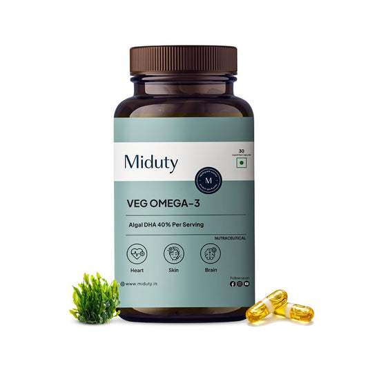 Miduty Veg Omega-3 500mg | 40% Algal DHA + EPA | High-Potency Plant-Based Omega-3 | No Fish Oil, No Fishy Burps | Veg Capsules for Men & Women - 30 Capsules
