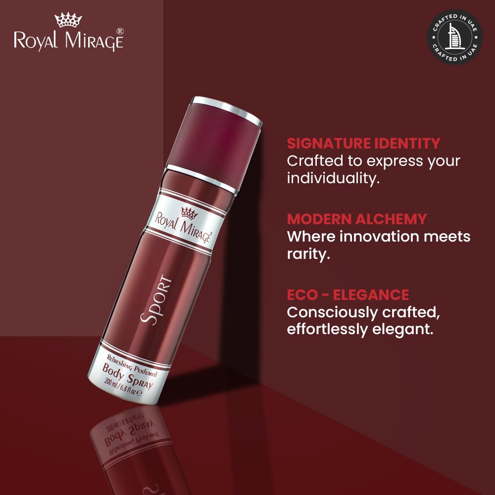 Royal Mirage body spray on a reflective surface with brand description text.