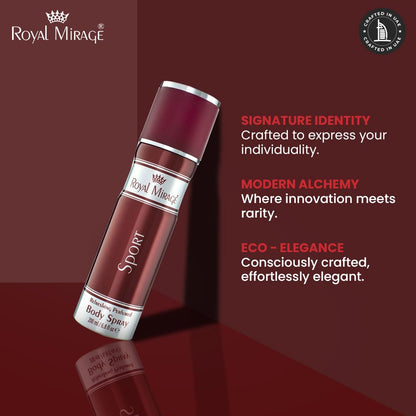 Royal Mirage body spray on a reflective surface with brand description text.