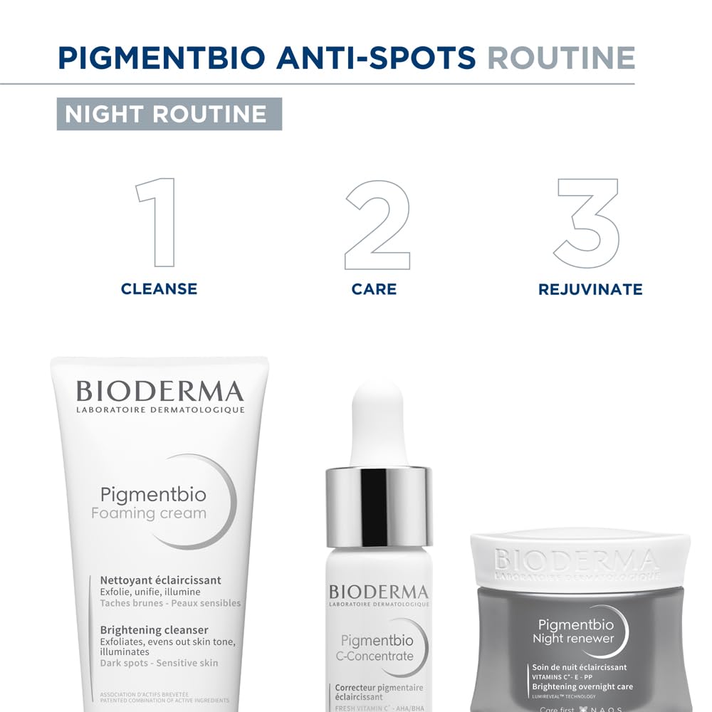 Bioderma Pigmentbio skincare products with step-by-step routine on a white background