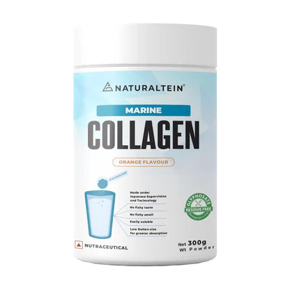 Container of Naturaltein Marine Collagen with orange flavor on a white background