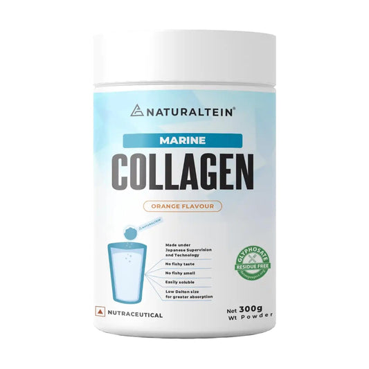 Container of Naturaltein Marine Collagen with orange flavor on a white background