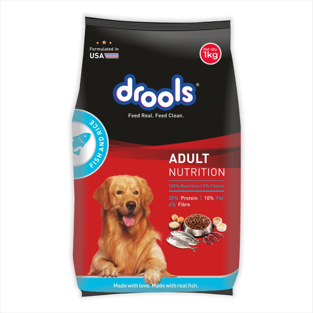 Drools Adult Dry Dog Food 1kg | Fish and Rice Flavour | Fish & Rice Formula | Gentle on Gut | Helps Maintain Strong Muscles and Vitality | Organic Chelated Minerals