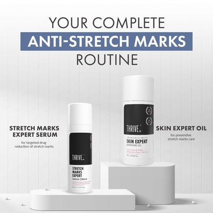 Anti-stretch marks routine with serum and oil on a white background