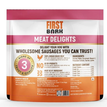First Bark Chicken Sausages for Dogs 450g (Pack of 1), High Protein Made with 100% Human Grade Chicken Meat Dog Treats, Soft & Tasty Training Snacks for All Dog Breeds Newly Launched By DogsNCats
