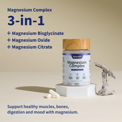 Snap Triple Magnesium Complex for Women & Men for Sleep & Muscle Support – 400mg, 3-in-1 Magnesium Supplement – Bisglycinate, Citrate & Oxide – Chelated for High-Absorption, 60 Vegetarian Capsules