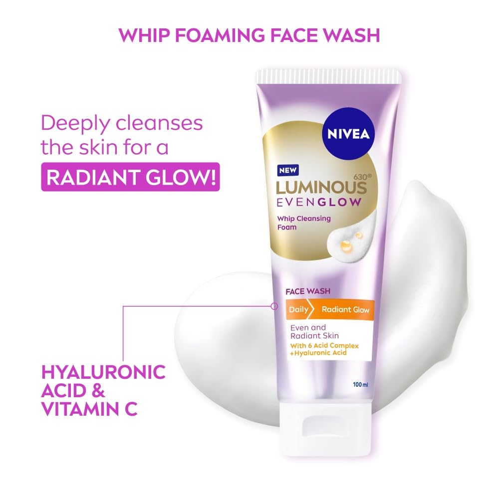 NIVEA Luminous Vitamin C - Whip Foaming Face Wash for Brightness & Radiant Glow, 100 ml | Cleanses, Brightens, Unclogs Pores & Hydrates | Removes Make Up | For oily, dry & sensitive skin | Men & women