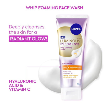 NIVEA Luminous Vitamin C - Whip Foaming Face Wash for Brightness & Radiant Glow, 100 ml | Cleanses, Brightens, Unclogs Pores & Hydrates | Removes Make Up | For oily, dry & sensitive skin | Men & women
