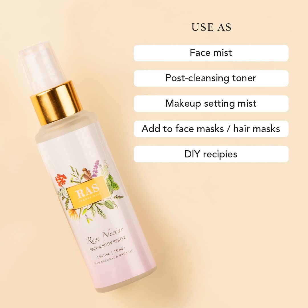RAS Luxury Oils Rose Nectar Face & Body Spritz Toner | Alcohol Free Face Mist | Enriched With Rose, Lavender & Geranium | Soothe Skin, Balance Skin's pH level & Brighten and Refresh your skin | 50ml